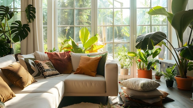 cozy and welcoming indoor living room with lush greenery and natural lighting