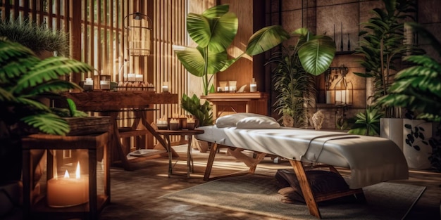 Photo cozy wellness spa salon room wooden furniture and plants calm atmosphere comfortable massage bed