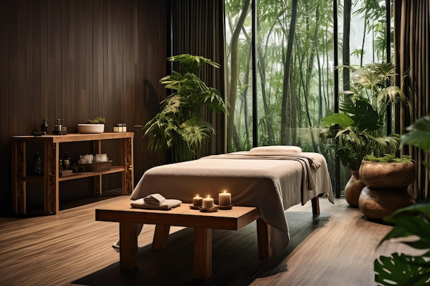 Cozy wellness spa salon room wooden furniture and plants