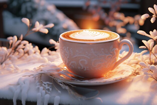 写真 カプチーノの居心地の良い白い陶器のカップが祭りの自然の冬の背景にあります