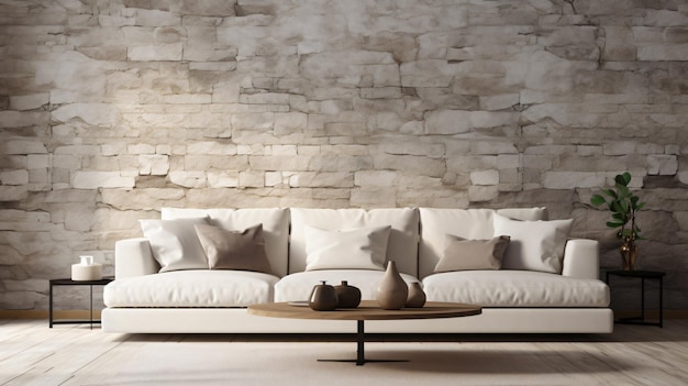 Cozy white sofa against marble stone wallinterior