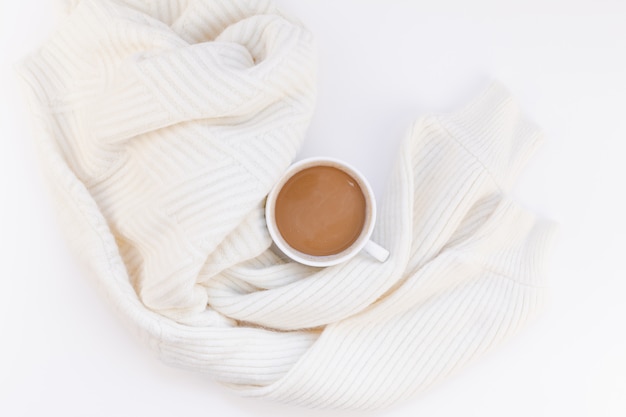 Cozy white warm sweater and Coffee Cup Autumn mood