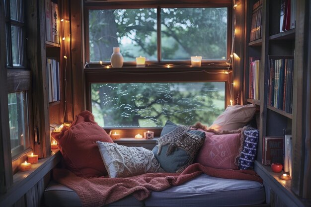 Уютное место у окна украшено мягким одеялом, создавая теплый и приятный уголок, идеальный для отдыха и размышлений.