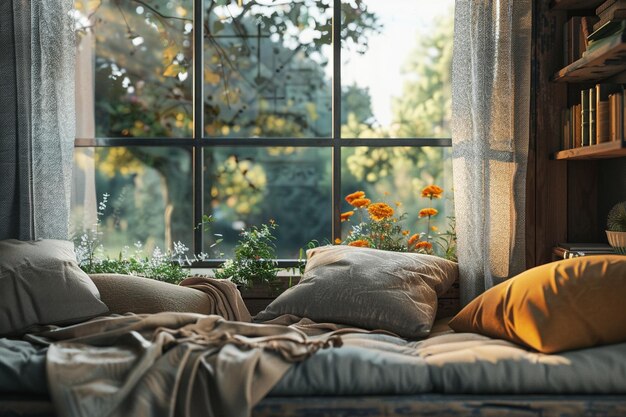 Cozy window seat with plush cushions and a view of