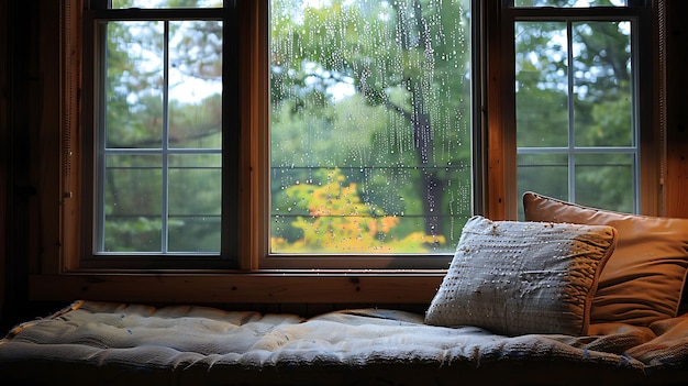 Photo a cozy window seat with a view of the rain the perfect place to relax and enjoy a cup of tea