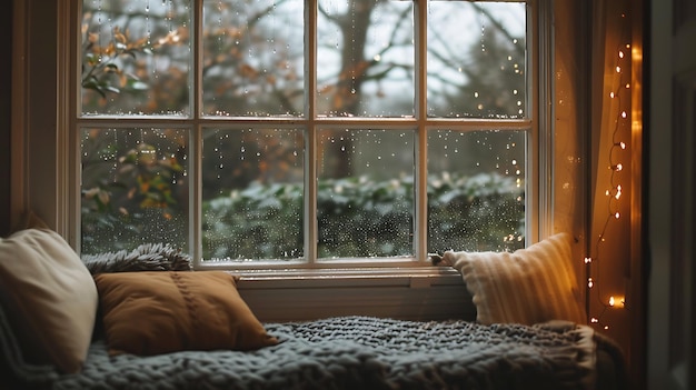 A cozy window seat with a view of the rain