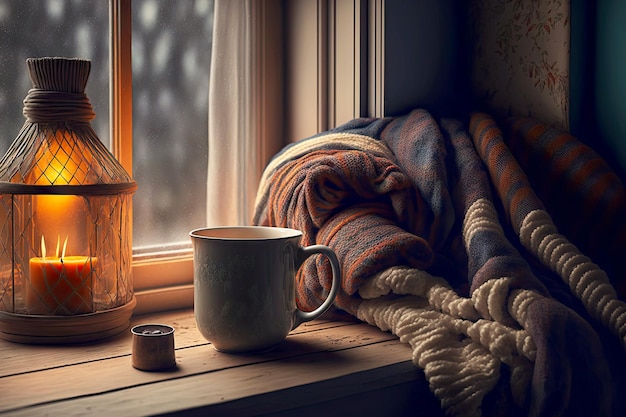 Photo cozy window sill with blanket and cup of hot tea