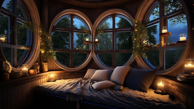 Photo cozy windowseat interior with circular window and candles