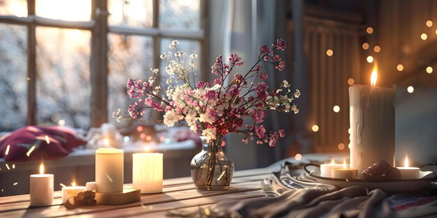 Cozy winter ambience with floral vase burning candles relaxing aromatherapy Concept Winter Wonderland Floral Vase Burning Candles Cozy Ambience Relaxing Aromatherapy