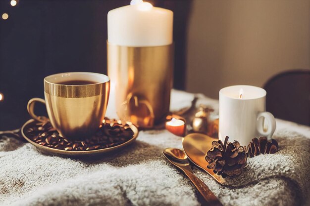 아늑한 겨울 또는 가을 아침 집에서 스웨덴 휘게에는 금색 금속 스푼이 있는 뜨거운 커피가 포함됩니다.