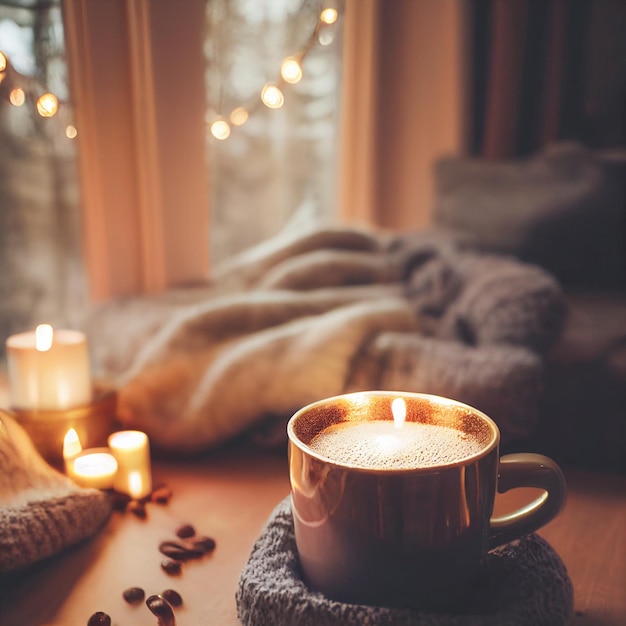 아늑한 겨울 또는 가을 아침 집에서 스웨덴 휘게에는 금색 금속 스푼이 있는 뜨거운 커피가 포함됩니다.