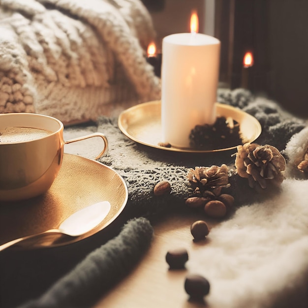 Photo cozy winter or autumn morning at home swedish hygge includes hot coffee with a gold metallic spoon