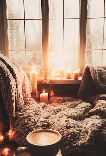 Photo cozy winter or autumn morning at home swedish hygge includes hot coffee with a gold metallic spoon