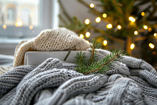 Cozy winter background with details of home decor on a blurred background with lights copy space