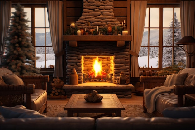 Cozy winter cabin getaway with a couple warming up 00268 01