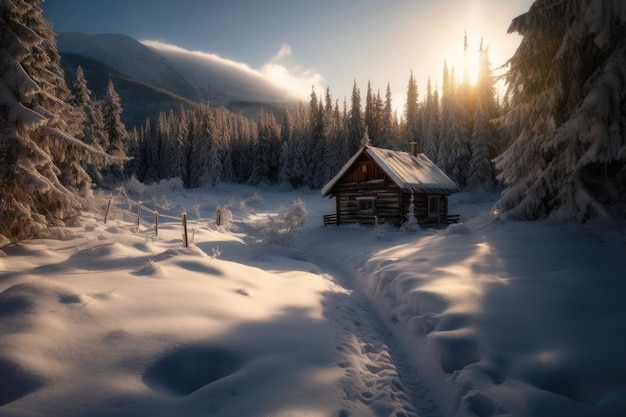 사진 고요한 눈 덮인 풍경의 아늑한 겨울 오두막