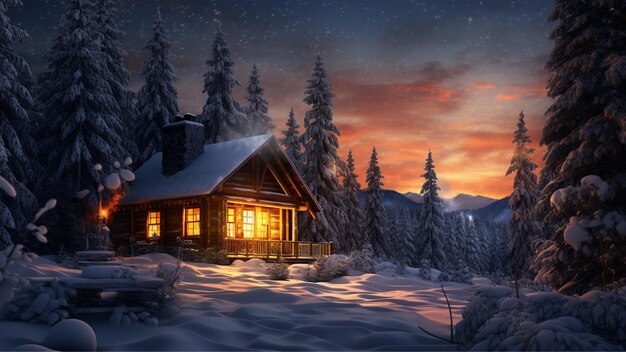 Premium AI Image  A cozy winter cabin with a roaring fire surrounded by  snowy trees