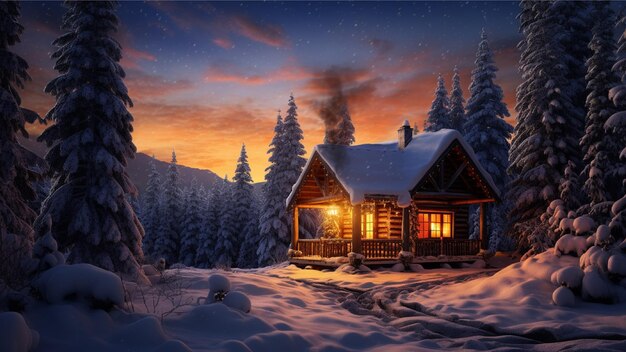 Cozy winter cabin nestled amidst a snowy forest