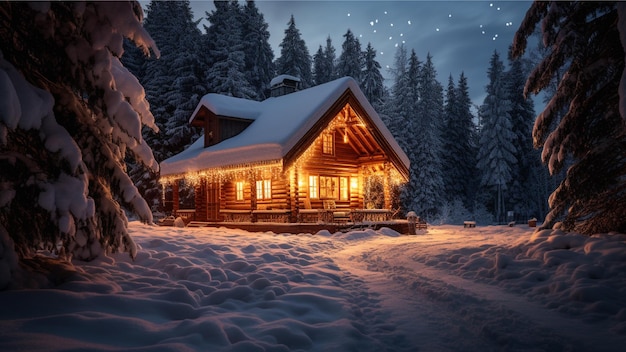Cozy winter cabin nestled amidst a snowy forest