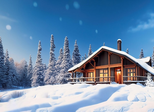 Cozy winter cabin snowy beauty under blue skies