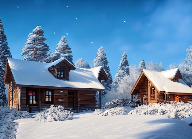 Cozy Winter Cabin Snowy Beauty under Blue Skies