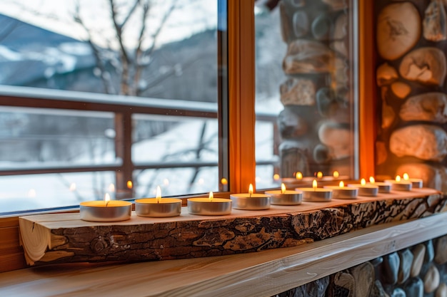 Photo cozy winter candle display on wooden shelf with snowy landscape view