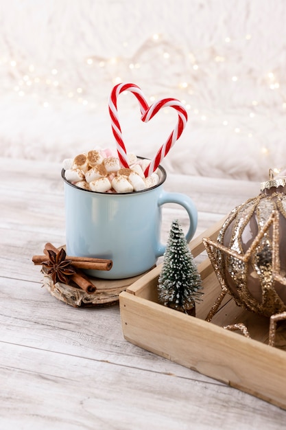 Cozy winter composition with a cup and Hot chocolate with marshmallow.