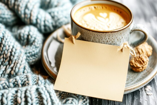 Photo cozy winter concept with blank note and knitwearx9xa