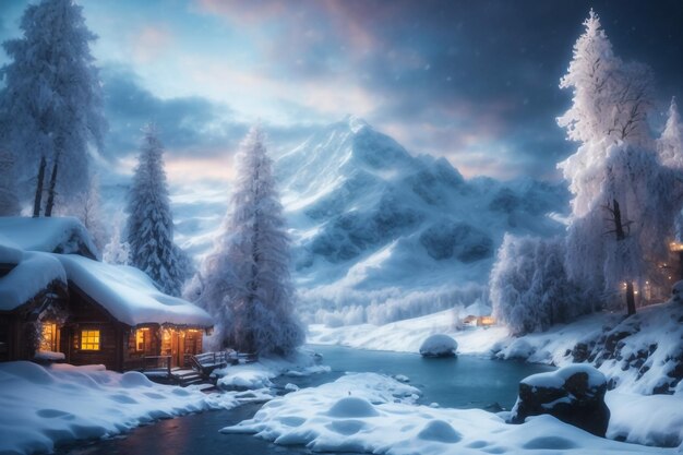Cozy winter cottage in the mountain forest illustration 3d illustration ai render