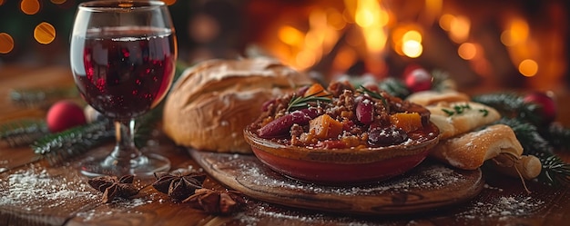 Photo a cozy winter dinner with hearty stews crusty wallpaper