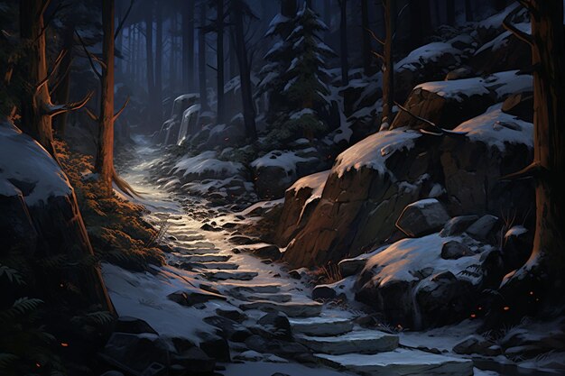 Cozy winter evening illuminated snowy path