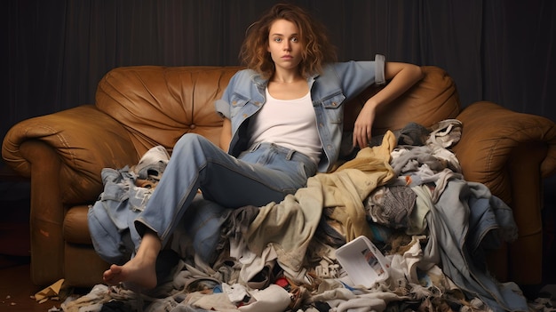 Cozy Winter Evening Young Woman Wrapped in Layers of Clothes Sitting on a Sofa in Front of a Firepla