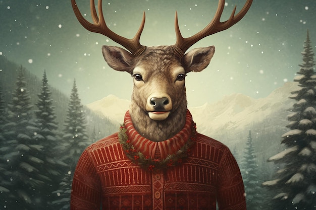 Cozy Winter Fashion Adorable Deer Sporting a Sweater and Scarf in a Snowy Wonderland Generative AI