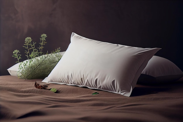 Cozy winter flat lay composition with white blank pillow cushion mockup AI Generated