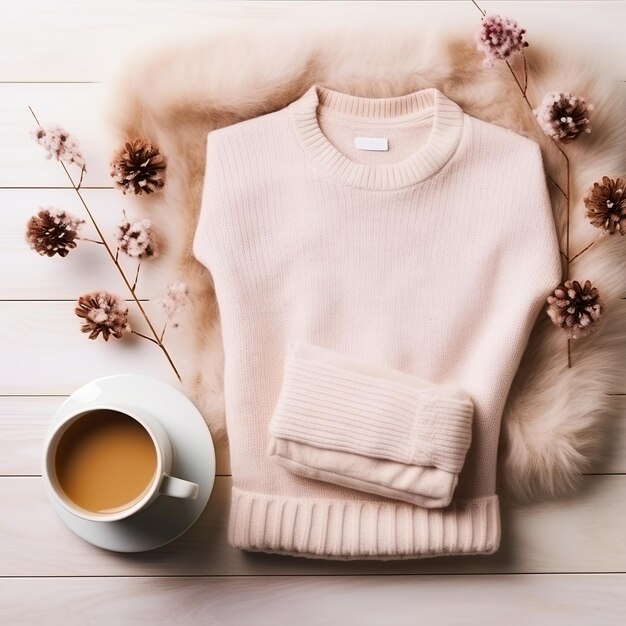 Photo cozy winter garments and a warm drink in a comfy flat lay