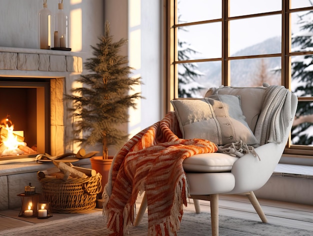 Фото Уютный зимний домашний интерьер с вязаными одеялами и подушками, праздничный загородный дом в деревянном теплом огне