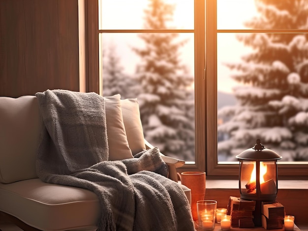 Cozy winter home interior with knitted blankets and pillows holiday country house in wood warm fire