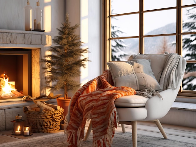 Cozy winter home interior with knitted blankets and pillows holiday country house in wood warm fire