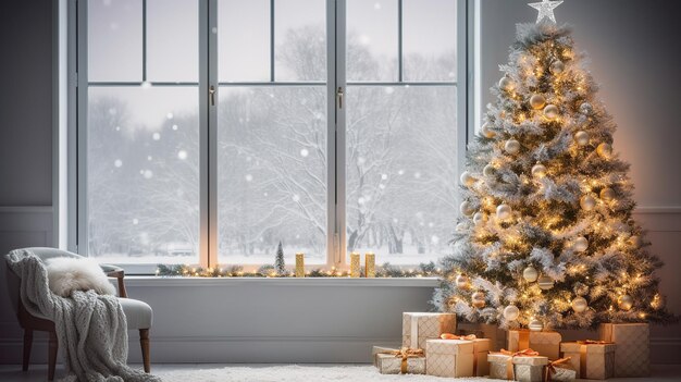 Cozy winter living room with Christmas tree Christmas and New Year concept