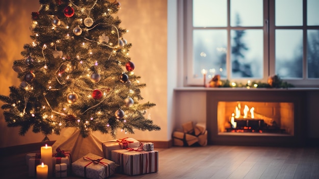 Cozy winter living room with Christmas tree and fireplace Christmas and New Year concept