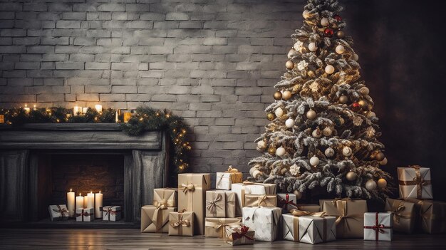 Cozy winter living room with Christmas tree and fireplace Christmas and New Year concept