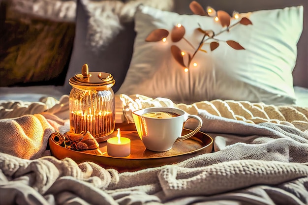 Cozy winter morning at home with hot coffee warm blanket candle lights heather lavender flowers