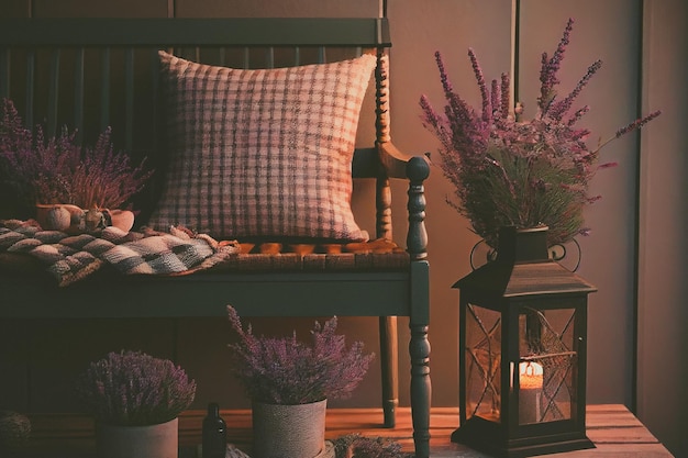 Foto accogliente mattina d'inverno a casa con caffè caldo coperta calda luci di candela fiori di lavanda erica