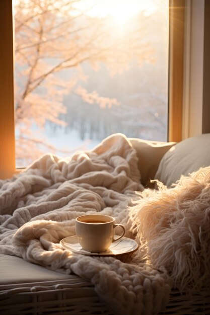 Photo cozy winter morning with steaming coffee