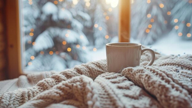 Photo cozy winter morning with warm drink by the window in a snuggly cabin setting