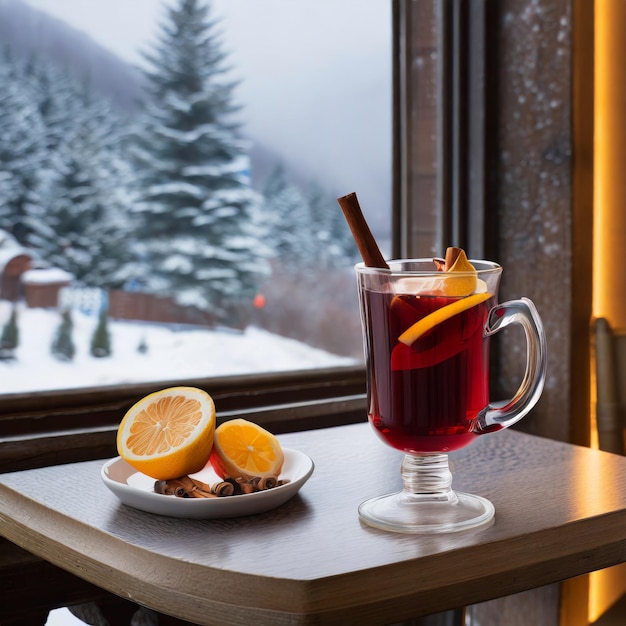 暖かい冬のグルドワインと雪の窓の景色
