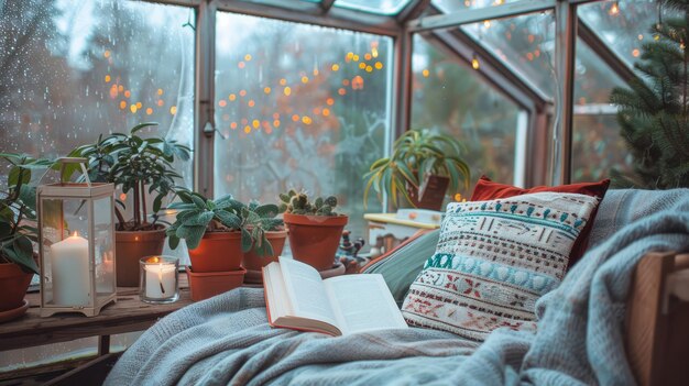 Photo cozy winter reading nook greenhouse