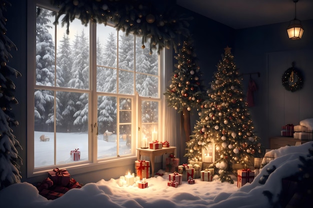 Photo cozy winter room with gentle christmas tree light