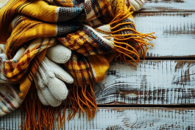 Photo cozy winter scarf and gloves in a warm flat lay