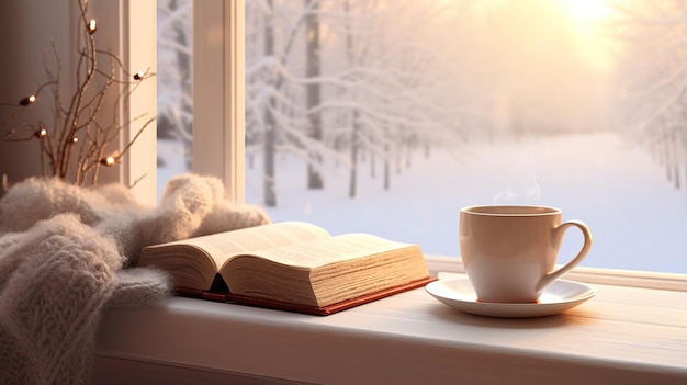 Cozy winter scene Coffee open book and plaid on vintage windowsill in cottage snowy landscape with s